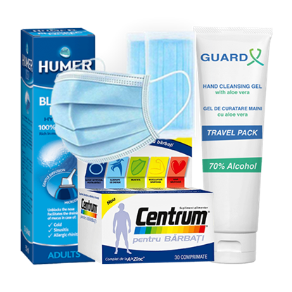 Immagine di Lotto CENTRUM pentru Bărbați + Humer Spray Nazal pentru adulți + GUARD X Uno Travel Pack, Gel de curățare maini + Set 50 măști medicale de unică folosință, 3 straturi, 3 pliuri