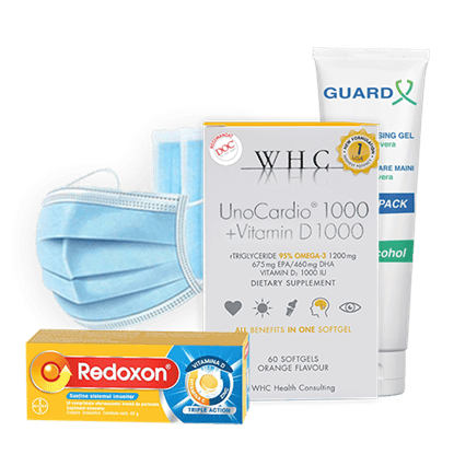 Foto de Lote GUARD X Uno Travel Pack, Gel de curățare maini + WHC-UNO CARDIO 1000 + VIT D + Set 50 măști medicale de unică folosință, 3 straturi, 3 pliuri + REDOXON Triple Action