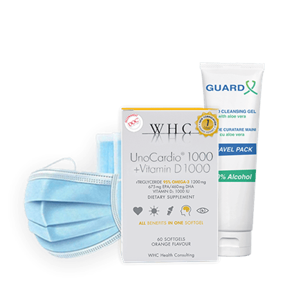 Imagine Pachet GUARD X Uno Travel Pack, Gel de curățare maini + WHC-UNO CARDIO 1000 + VIT D + Set 50 măști medicale de unică folosință, 3 straturi, 3 pliuri