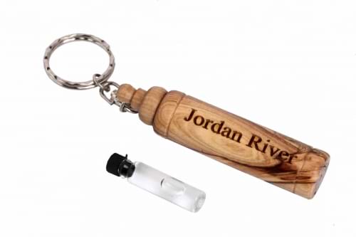 An Olive Wood Key Chain Contains Holy Water from the Jordan River