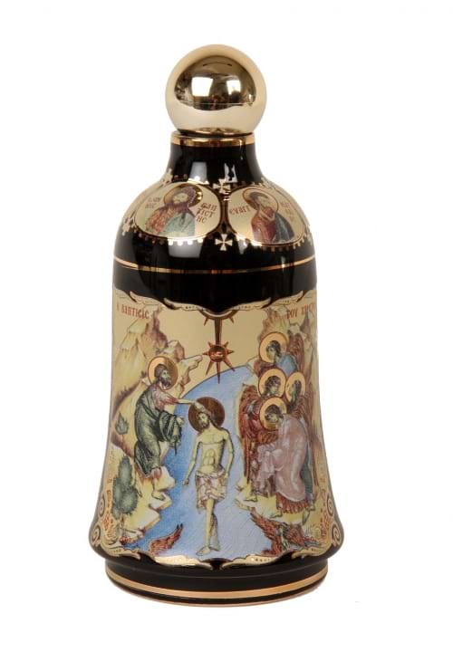 A 24K Gold Hand Painted Blue Bottle contains Holy Water from the Jordan River where Jesus Christ was Baptized